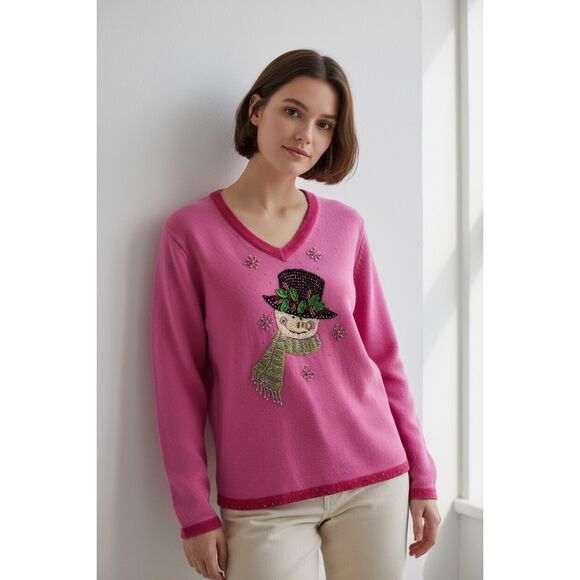 New Quacker Factory Pink Snowman Sequin Ugly Christmas Sweater S Holiday Y2K - Picture 2 of 12